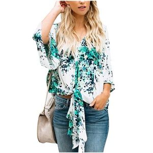 Women’s S Light Weight Tie Front White Green Shirt